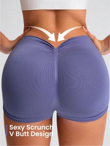 Close-up of purple seamless yoga shorts featuring sexy scrunch and V butt design