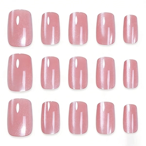 Pink cat-eye press-on nails with shimmering pearlescent glitter in square shape