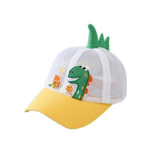 Breathable children's mesh baseball cap featuring yellow brim and green 3D dinosaur spikes