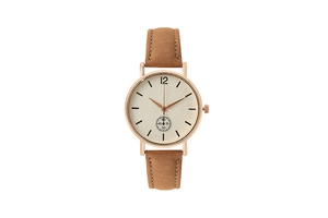 Reloj de cuarzo para mujer con esfera de color champán y correa de ante marrón