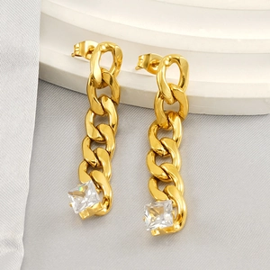 Gold chain drop earrings with square zircon stone on stone base background