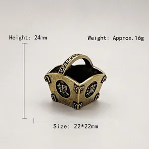 Miniature vintage brass bucket charm with Chinese symbols, size 22x22x24mm