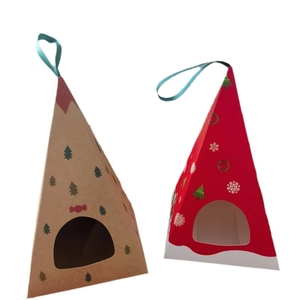 Triangle Christmas gift box in khaki and red with festive tree and snowflake patterns