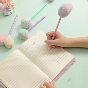 Cute cartoon plush ball pen and notebook set in soft pastel macaron colors for school