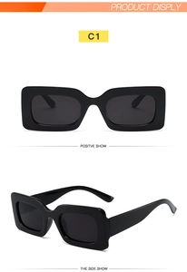 Detailed front and side views of retro black square frame sunglasses model C1