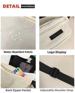 Detail view of water-resistant nylon fabric with adjustable strap and brand logo