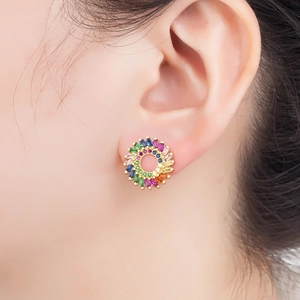 Sparkling 18k gold plated sunflower stud earrings with colorful zircon gemstones for women
