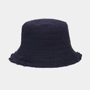 Detailed view of navy blue cotton canvas bucket hat with vintage frayed edge detail