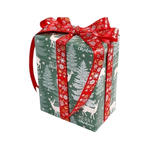 Papier cadeau écossais de Noël rouge et vert avec des rennes et des flocons dorés