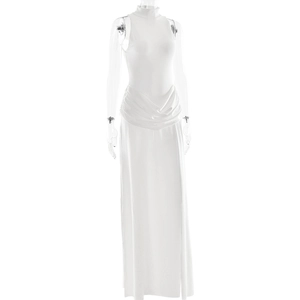 Detail of white sleeveless maxi dress featuring elegant high neck and side slit design