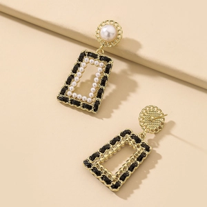 Vintage gold geometric earrings with black braided leather and white pearls for women