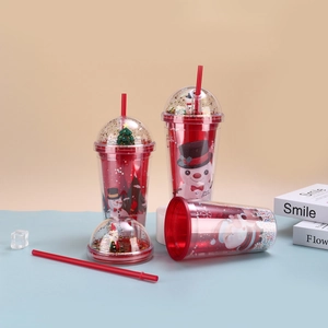 Christmas double-layer plastic straw cup with festive Santa and snowman patterns