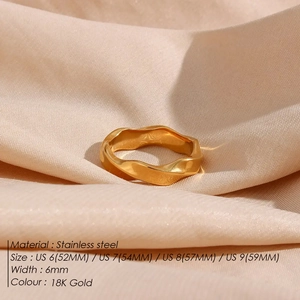 18K gold plated stainless steel wave ring 6mm width minimalist geometric band for women