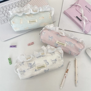 Detailed set of three floral lace cat print canvas pencil cases in pastel colors