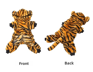 Front and back view of tiger pattern coral fleece dog onesie with a cute hooded design