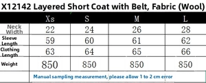 Detailed size chart and fabric details for the layered short wool coat with a belt