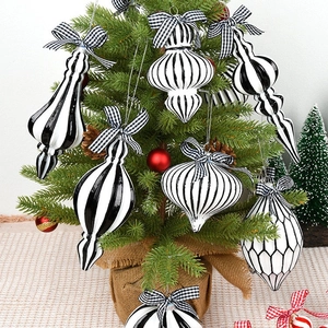 Christmas Tree Ornaments Hanging Glass Balls Painted Striped Geometric Shapes With Checkered Bow For Holiday Party