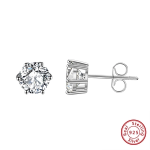 Detailed view of 8mm classic six-prong S925 sterling silver studs with clear zircons