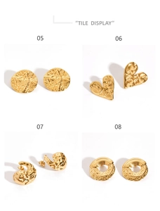 Detail view of four 18K gold-plated stainless steel earrings with geometric patterns