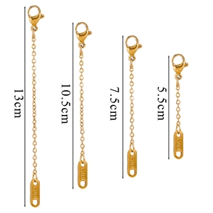 Four different lengths of gold stainless steel extension chains with lobster clasps