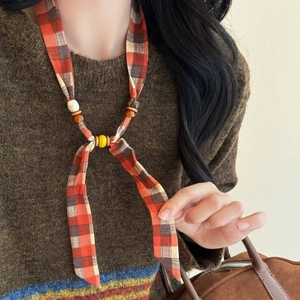 Bohemian plaid fabric necklace with vintage wooden beads and colorful beaded accents