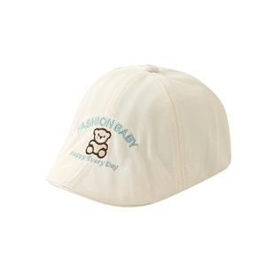 Beige cotton kids flat cap with cute bear embroidery and Fashion Baby lettering