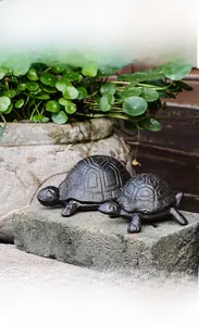 Detailed macro view of two vintage cast iron turtle statues on natural stones