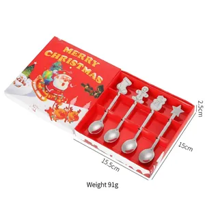 Christmas themed stainless steel spoon set of 4 in a red gift box with dimension labels