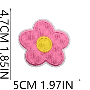 Detailed size view of a pink embroidered flower patch measuring 5cm by 4.7cm in width