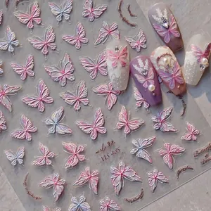 Detailed 3D butterfly nail art stickers with embossed texture and soft gradient hues