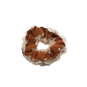 Elegant lace knit scrunchie in brown and cream bicolor design for women hair styling