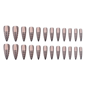 Set of 24 long stiletto press-on nails with nude base and black checkerboard grid pattern