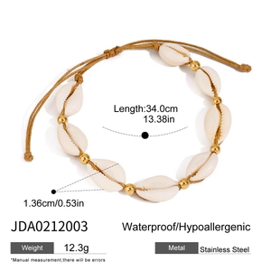Detail showing dimensions of beach anklet with shell, gold beads and brown wax cord