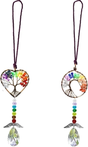 Detail of handmade Tree of Life crystal ornaments with seven chakra stones and teardrops
