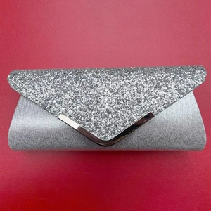 Silver satin bridal clutch bag with glitter sequins flap and metallic silver trim details