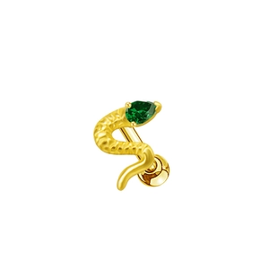 Macro shot of gold snake earring featuring a pear-cut green zircon and detailed scales