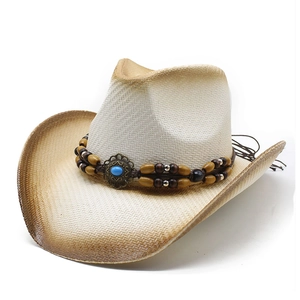 Straw western cowboy hat with turquoise bead band and rolled brim for outdoor sun protection