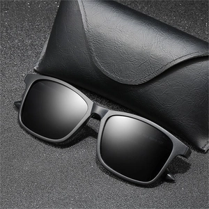 Classic polarized sports sunglasses in matte black with textured leather storage case