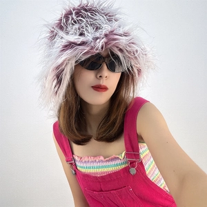 Fashionable purple faux sheepskin wool bucket hat with white tips and shaggy fur texture