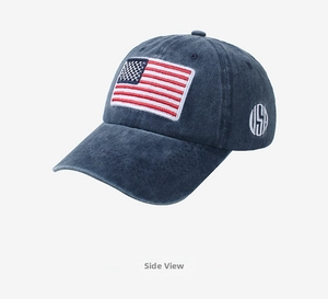 Close-up of navy washed cotton baseball cap featuring vintage USA flag and side embroidery