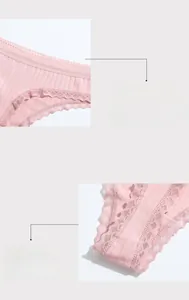 Detail of pink ribbed cotton thong showing lace trim and double-layer cotton lining