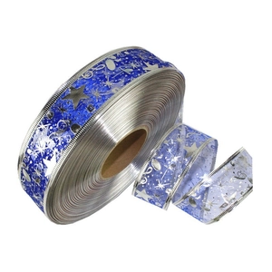 Dunkelblaues 3,8cm Weihnachtsnetzband mit silbernen Sternen, Noten und Metallic-Kante
