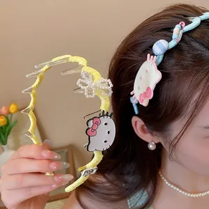 Wavy Headband Cartoon Cat Design Fabric Wrapped Non-slip Teeth Imitation Artificial Pearl Cute Sweet Hair Hoop Girls Women Accessory