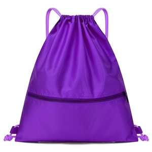 Purple drawstring gym bag with front zipper pocket and diamond ripstop fabric texture
