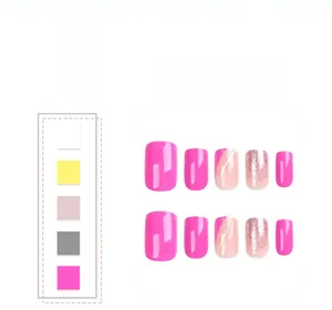 Detailed view of hot pink press-on nails with silver lines and glitter gradient finish