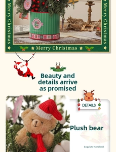 Detailed view of plush Christmas bear in a green tin can with festive holiday decorations
