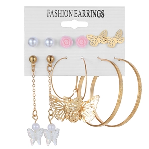 6-pair set of elegant butterfly and pearl earrings in gold finish and pink rose motifs