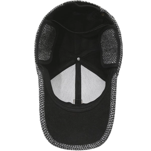 Winter baseball cap with ear flaps in grey tweed fabric and warm thermal lining