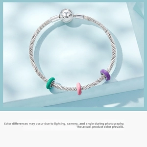 Detail of silver mesh bracelet with 'Family Forever' clasp and colorful enamel charms
