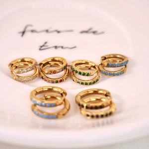 Minimalist 14K gold plated stainless steel hoop earrings with colorful zircon stones
